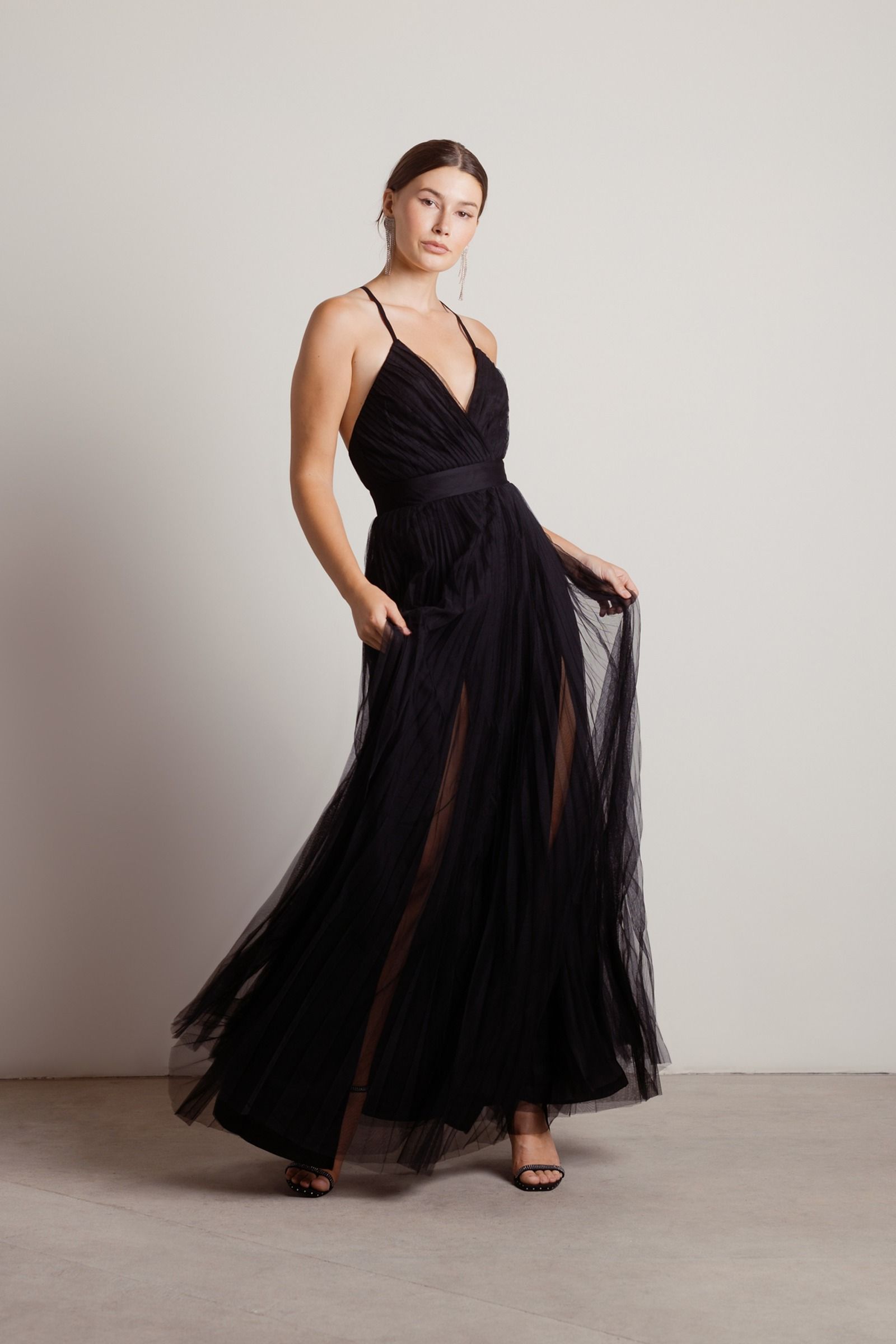 Noctis Black Pleated Maxi Dress with Waist Detail