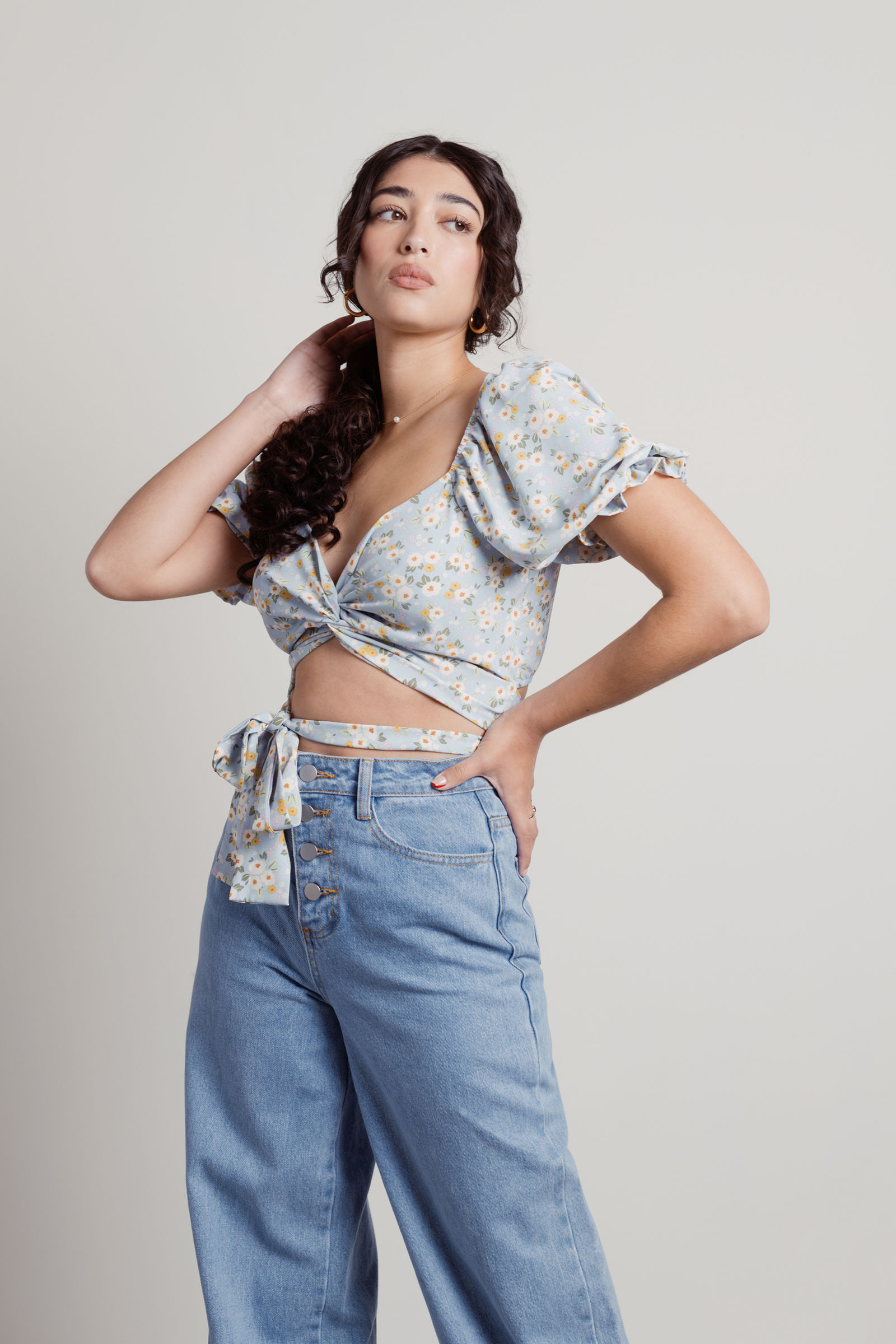 Costa Rica Tied Front Balloon Sleeve Crop Top Boho Floral Print Blue