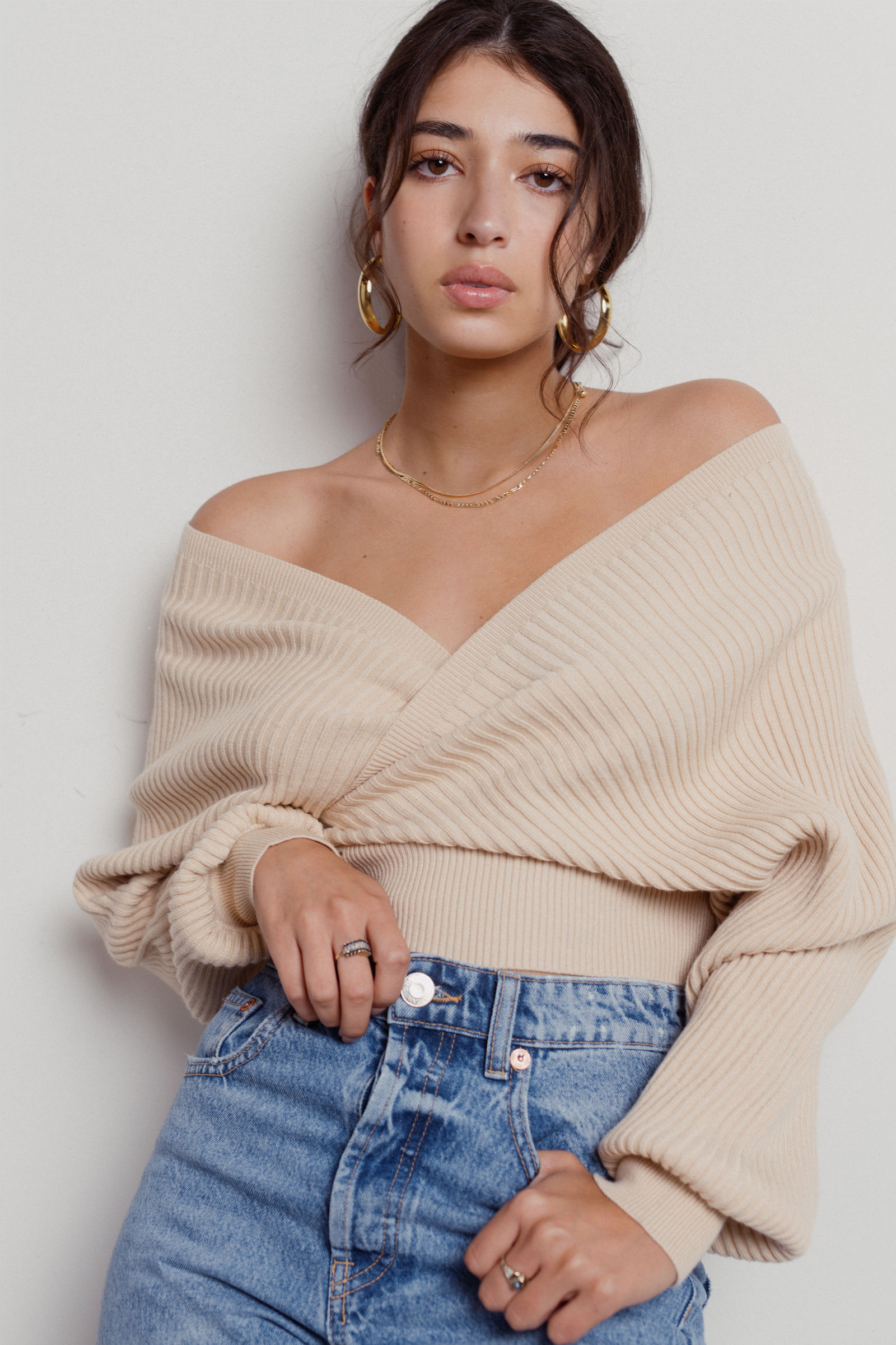 Beige Sweater - Wrap Sweater With V-Neckline - Cream Ribbed Sweater
