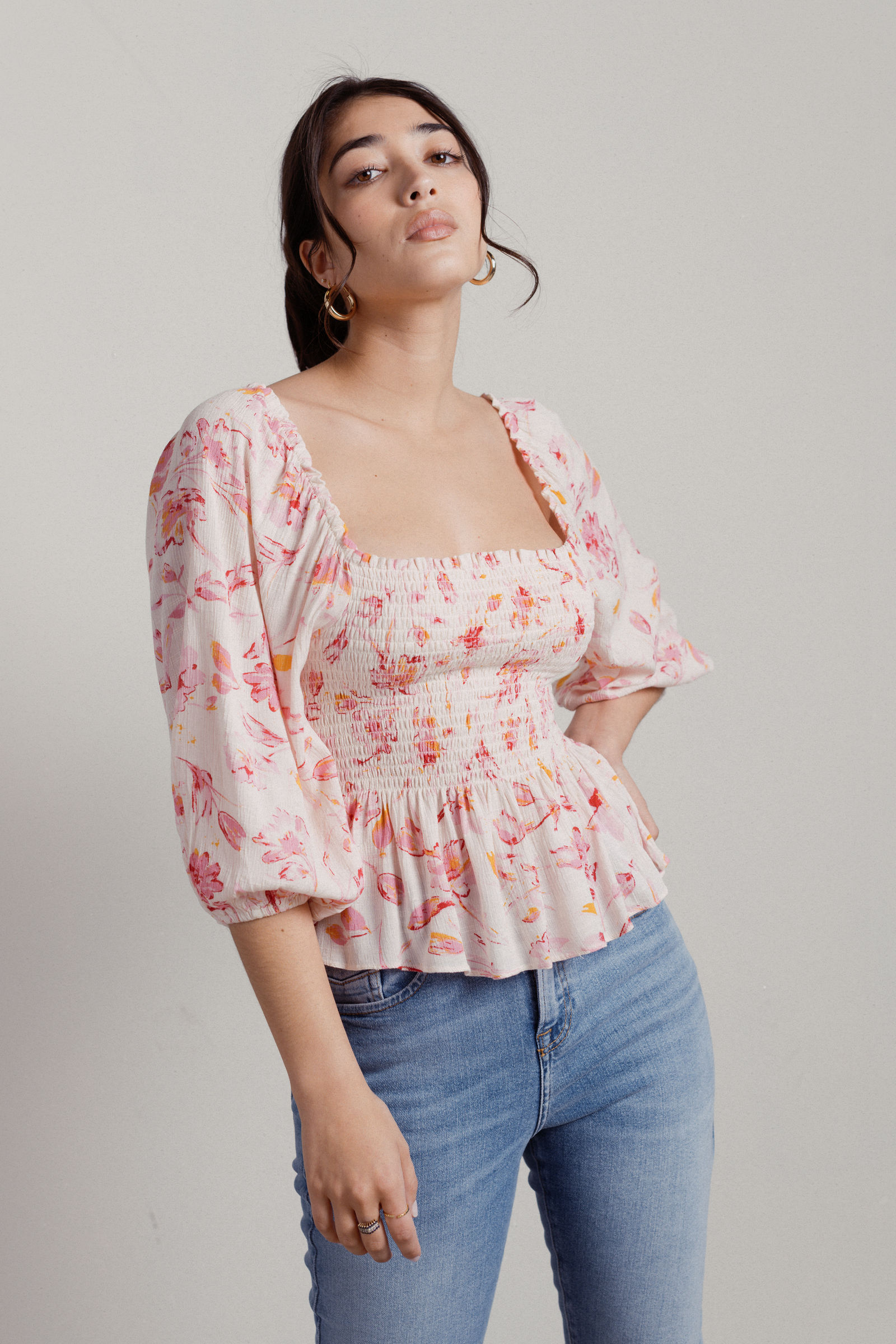 SHERRY TURQUOISE MULTI SMOCKED SLEEVE BLOUSE
