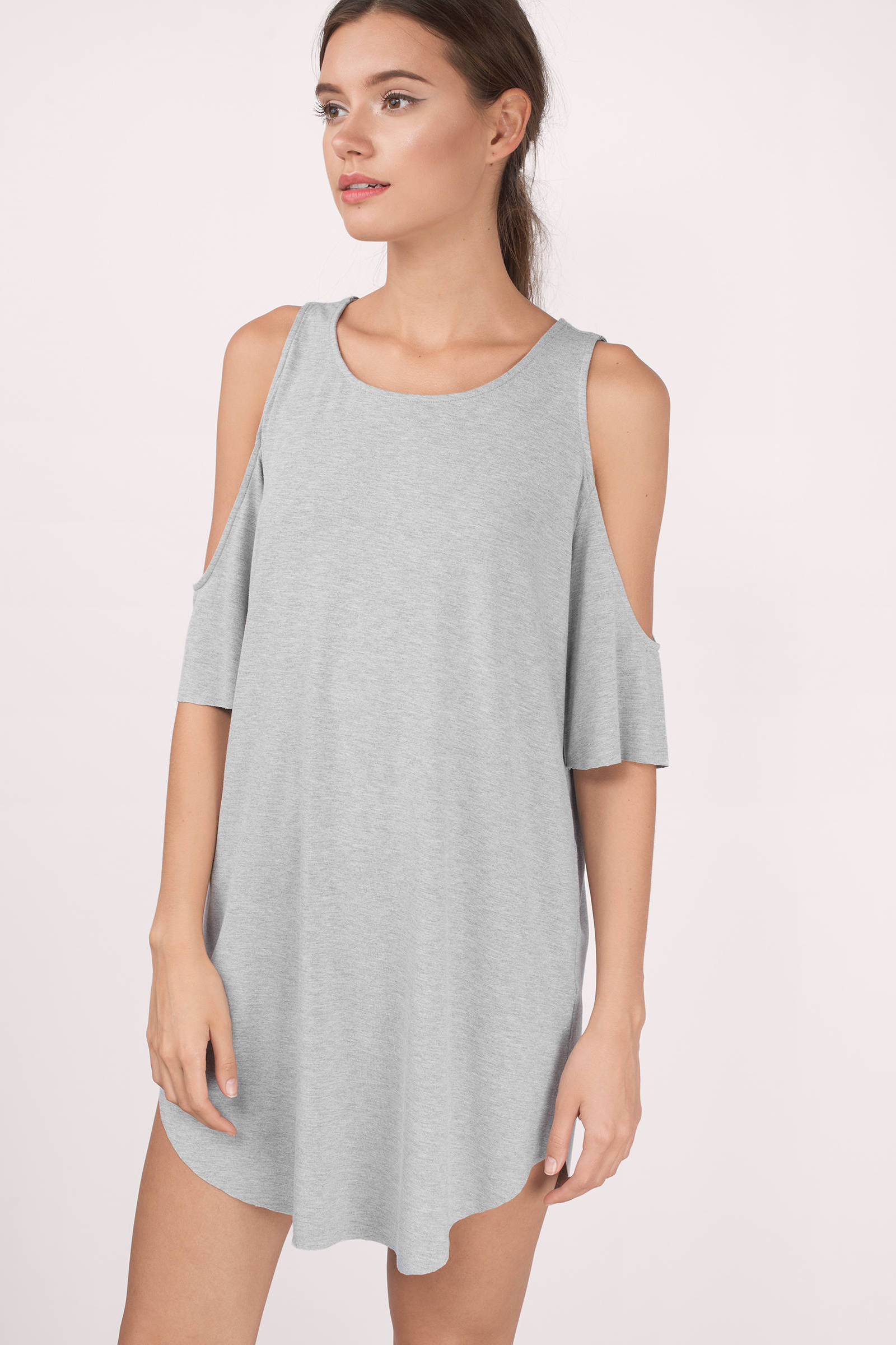 Grey Mini Dress - Shift Dress With Halter Neck - Cold Shoulde Eyelet Dress