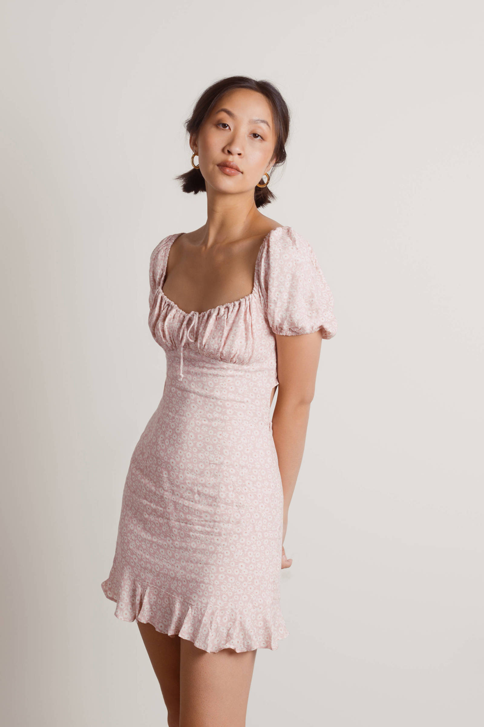 PINK & GREEN FLORAL JACQUARD RUFFLE DETAIL PUFF SLEEVE MINI DRESS main image 0