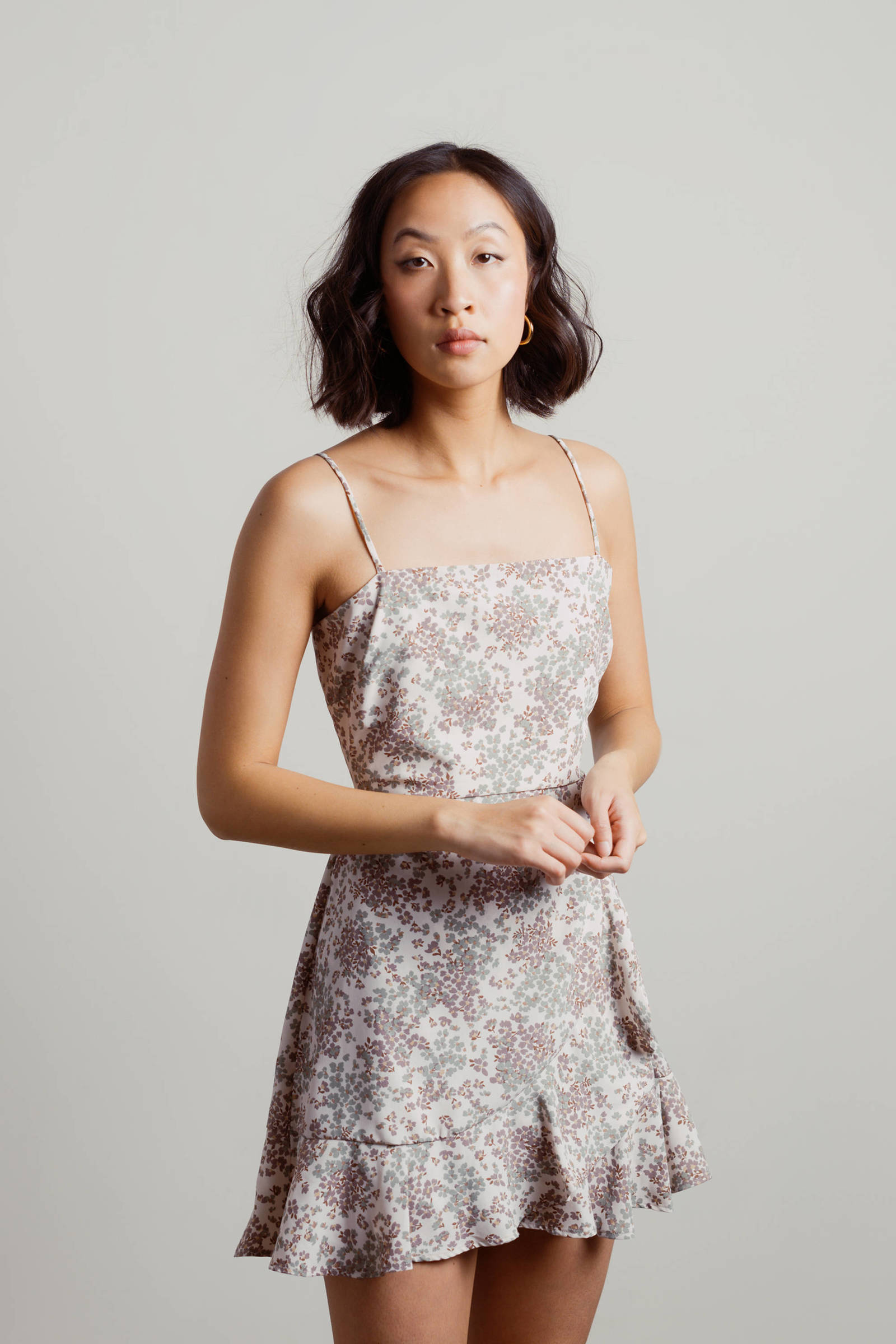 Green Mini Dress - Short Sleeve Skater Dress - Ruffles Sage Floral Dress