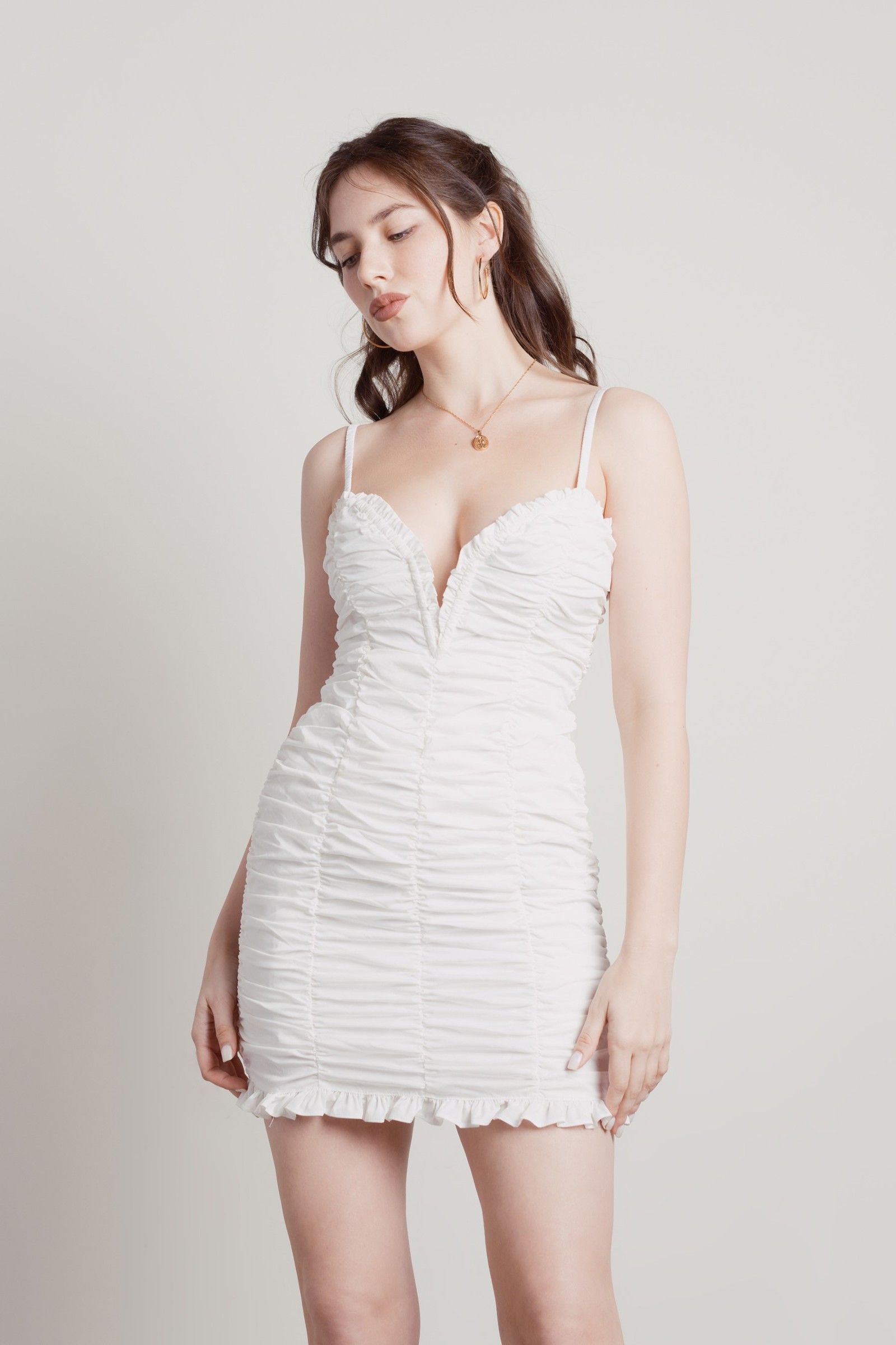 White Bodycon Dress - Ruched Deep V Dress - Ruffled White Dress