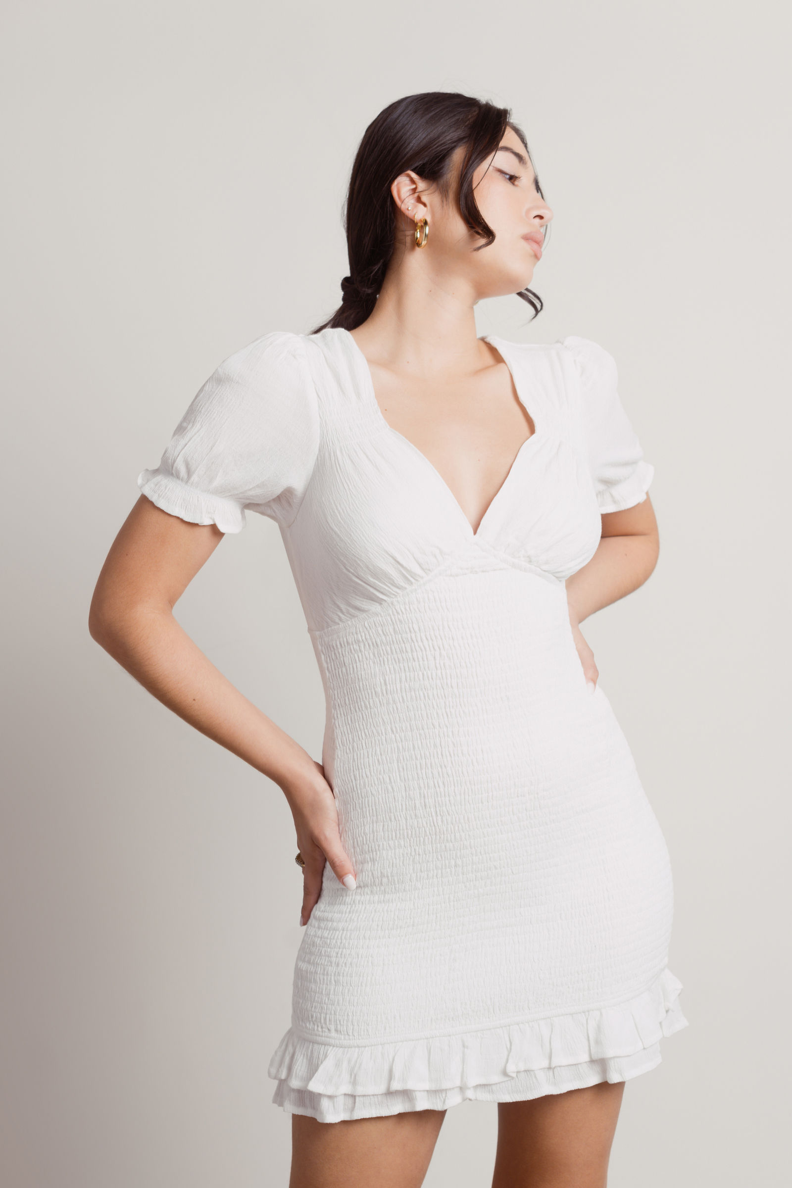 White Bodycon Dress - V-Neck Smocked Dress - Short Sleeve Dress
