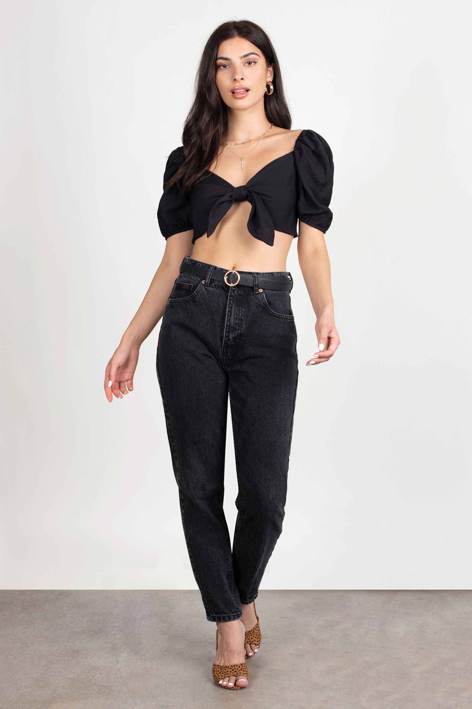Black Front Knot Crop Top - Puff Sleeve Crop Top - Tie Front Crop Top