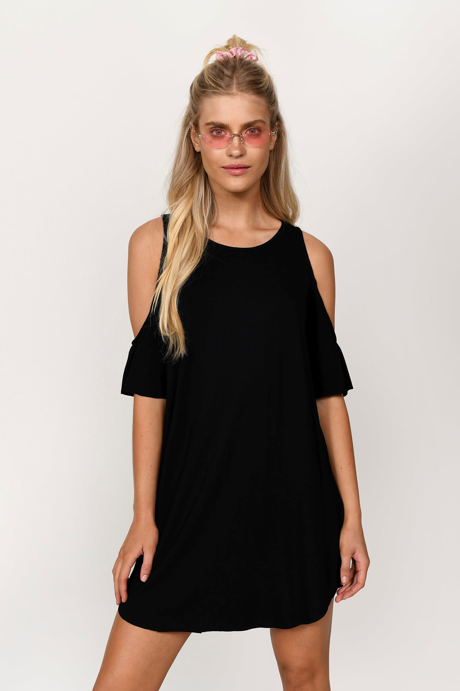 Black Mini Dress - Shift Dress With Halter Neck - Cold Shoulde Eyelet Dress