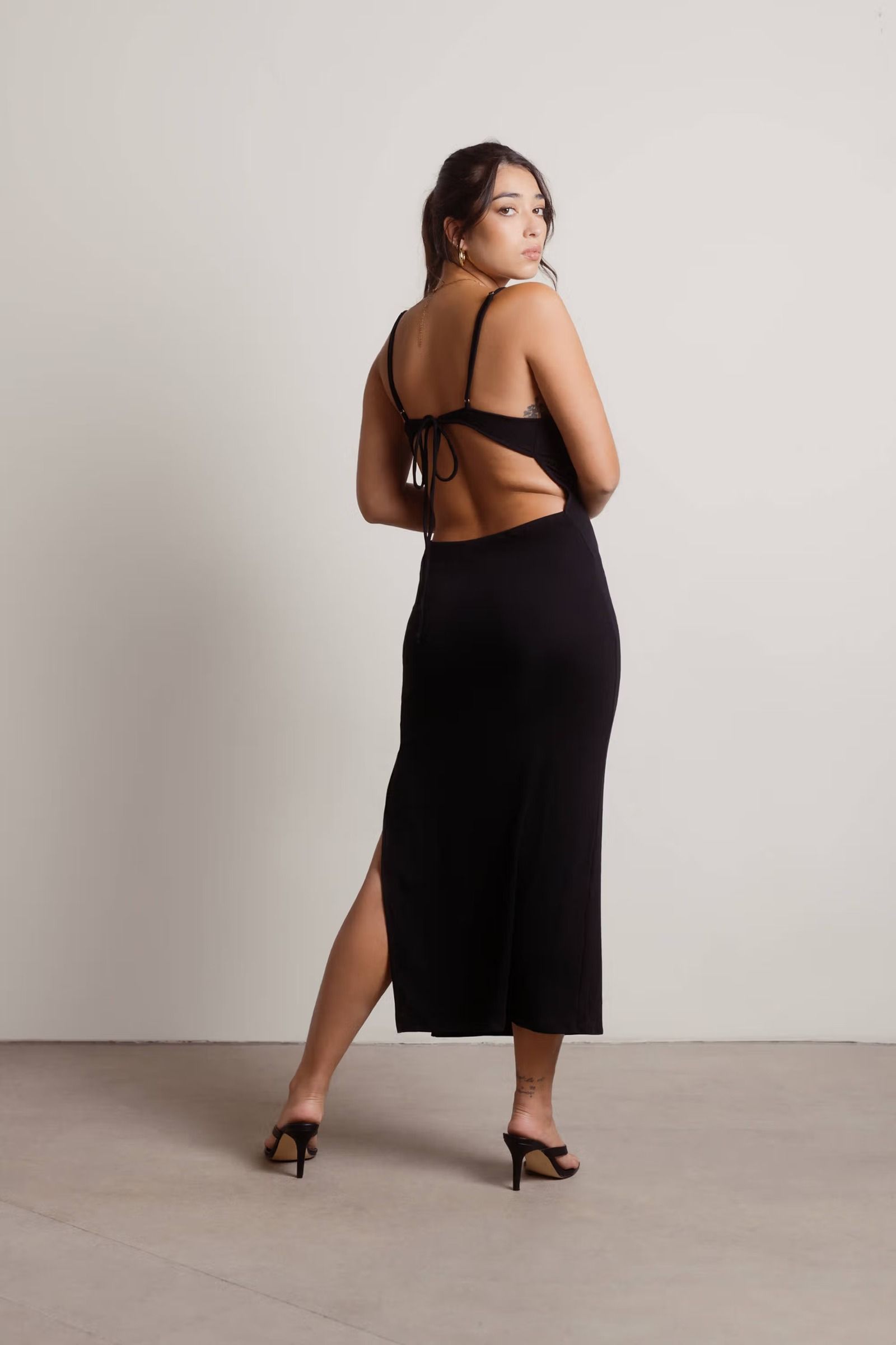 Black Midi Dress Halter Backless Dress Cami Tie Shoulder Strap Dress — free download