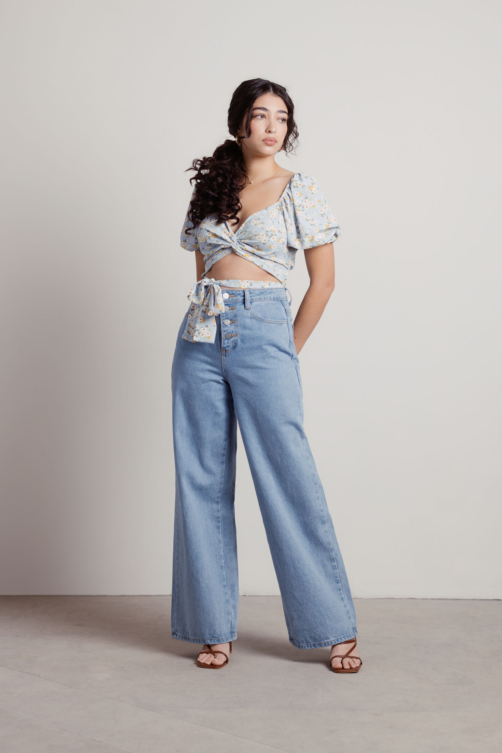 Belong Together Puff Sleeve Open Back Crop Top Floral Print Sun main image 0