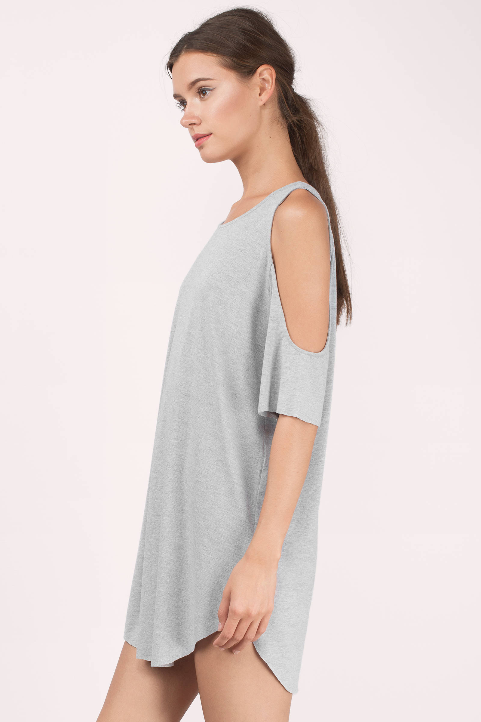 Grey Mini Dress - Shift Dress With Halter Neck - Cold Shoulde Eyelet Dress