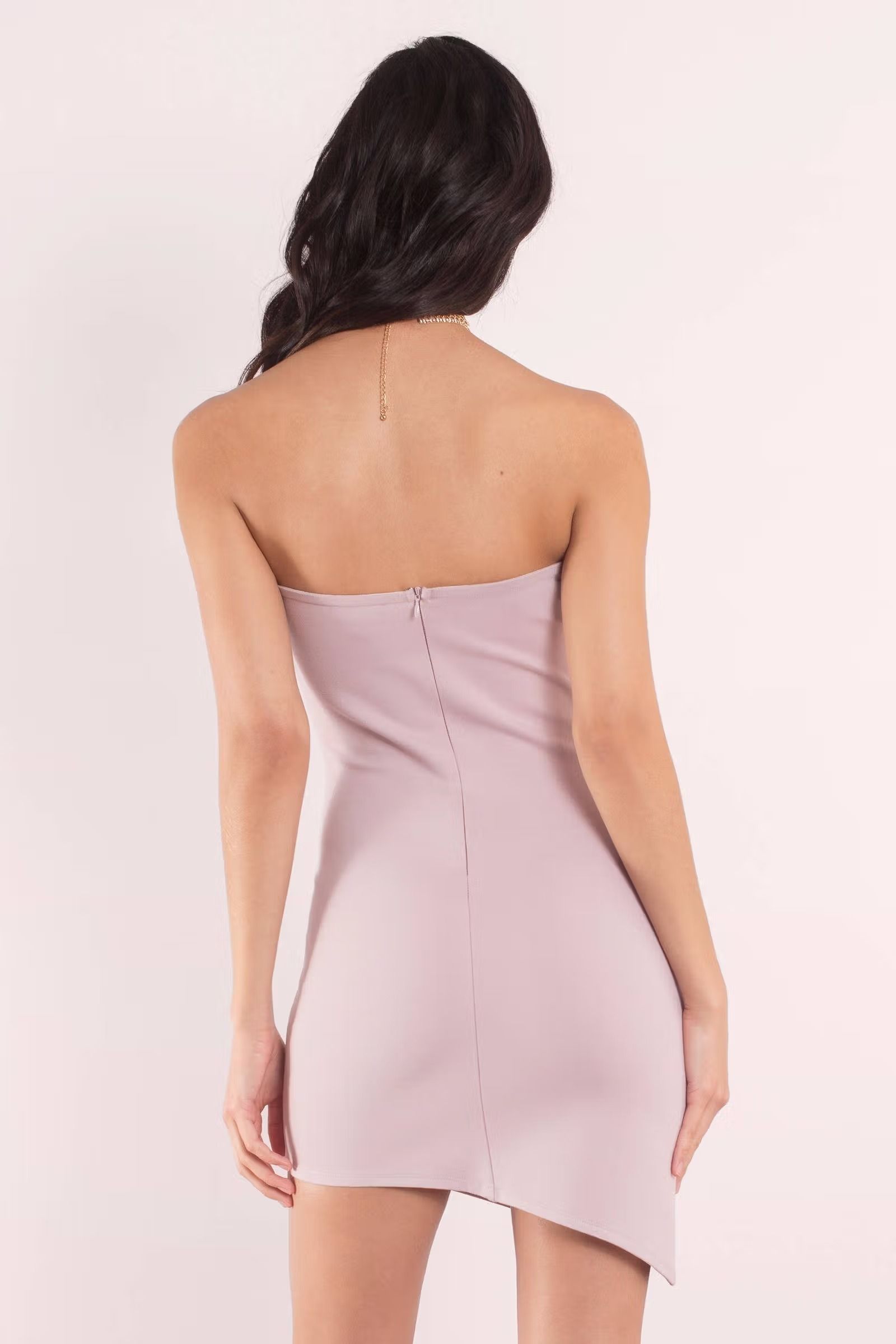 Women's Ribbed Mauve Strapless Bodycon Dress with White Stripes
