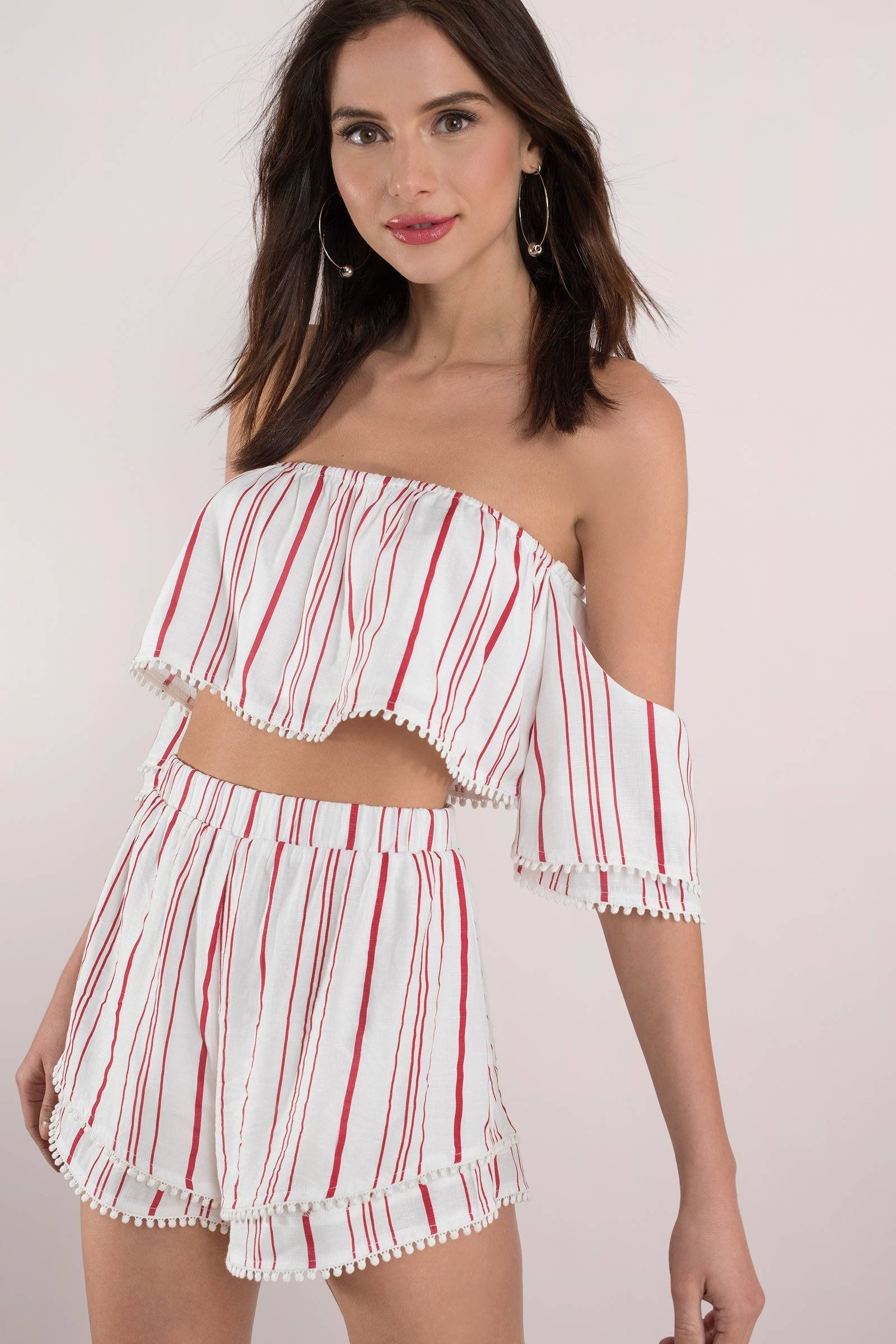 Red Shorts - Ruffled Shorts - Red Striped Shorts - Pom Trimmed Shorts