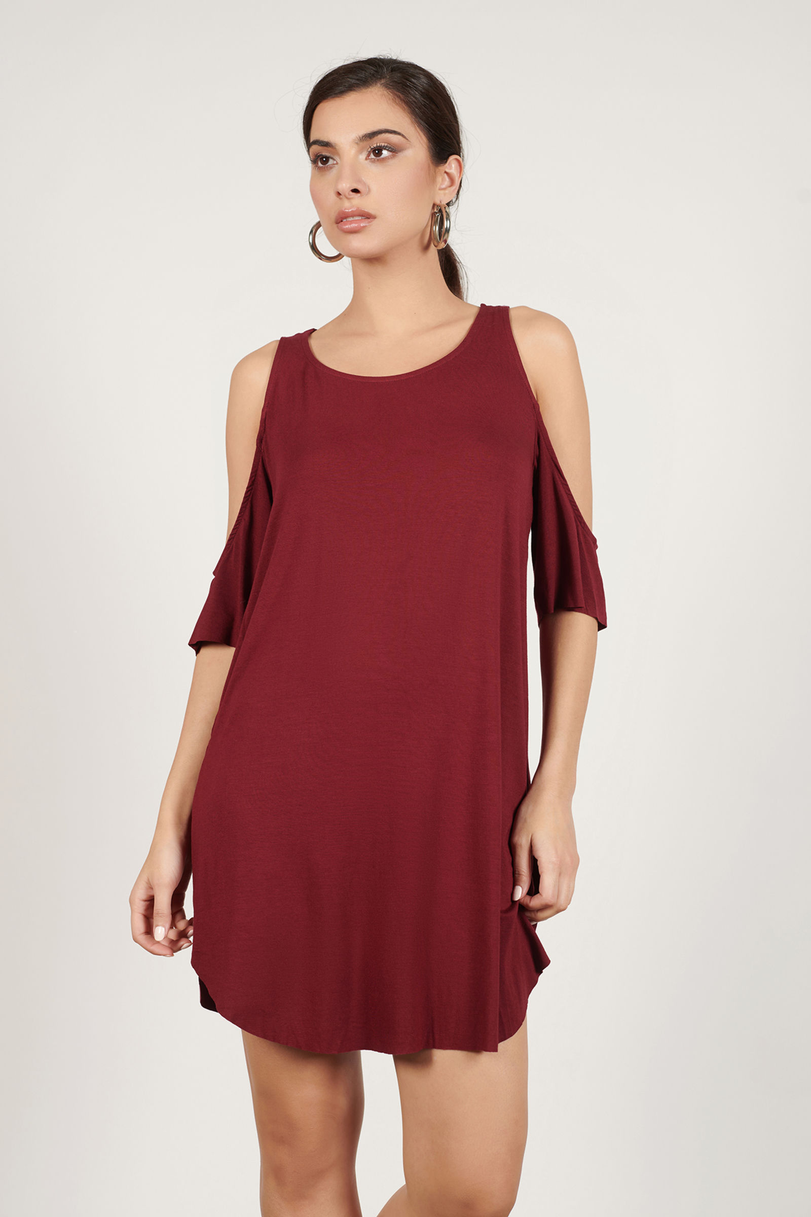 Black Mini Dress - Shift Dress With Halter Neck - Cold Shoulde Eyelet Dress