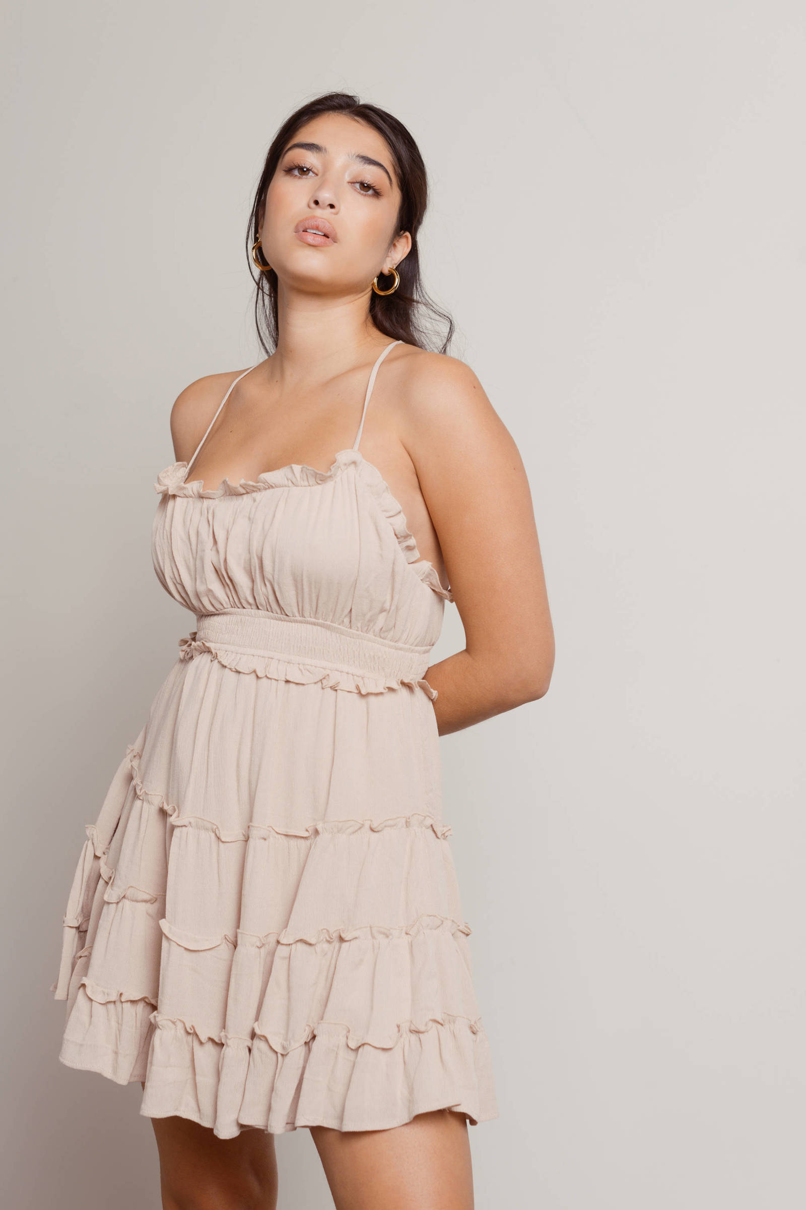 Wenrine Women Beige Ruffle Layered Swingh Babydoll Sundress main image 1
