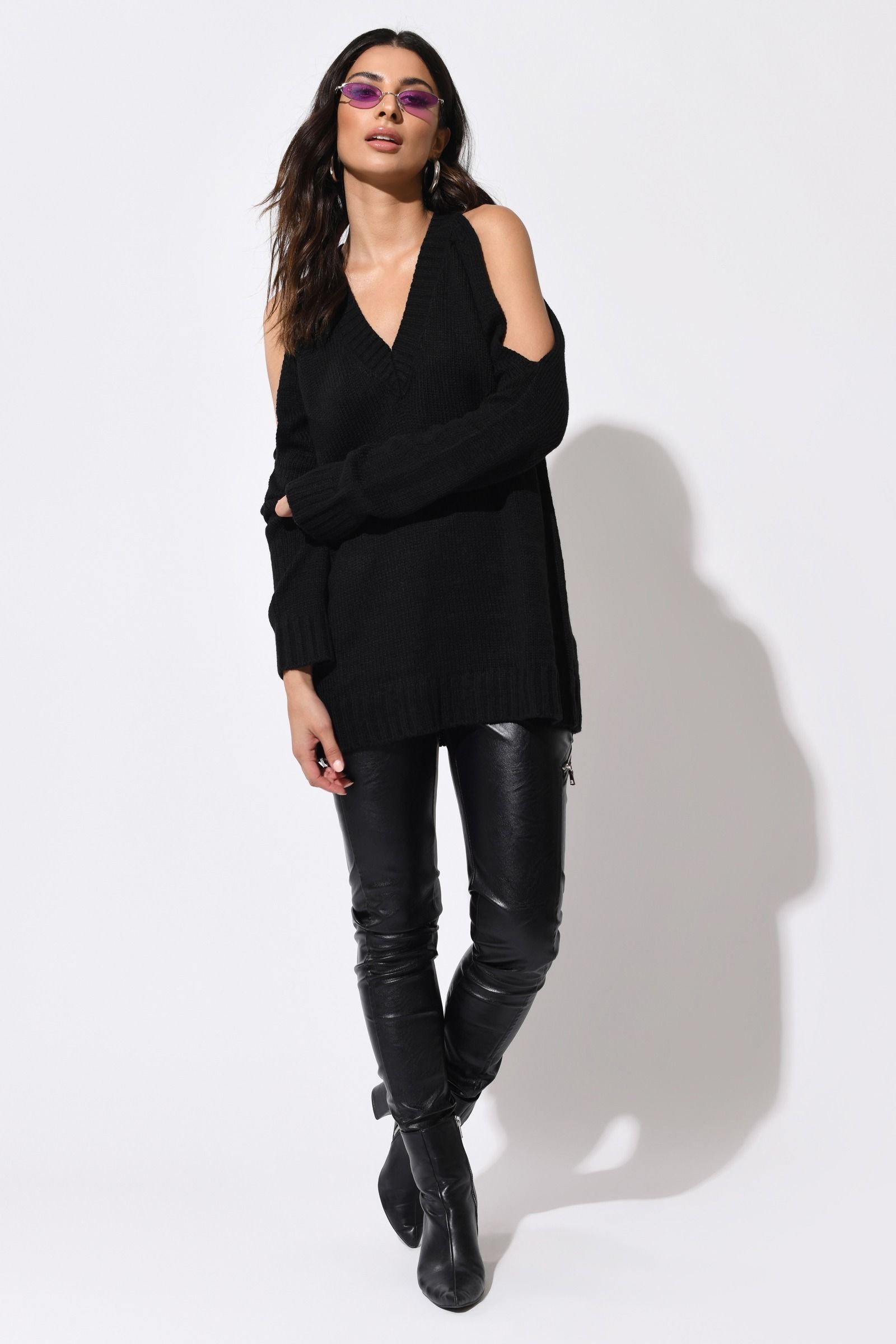 Halter Neck Cold Shoulder Sweater - Black