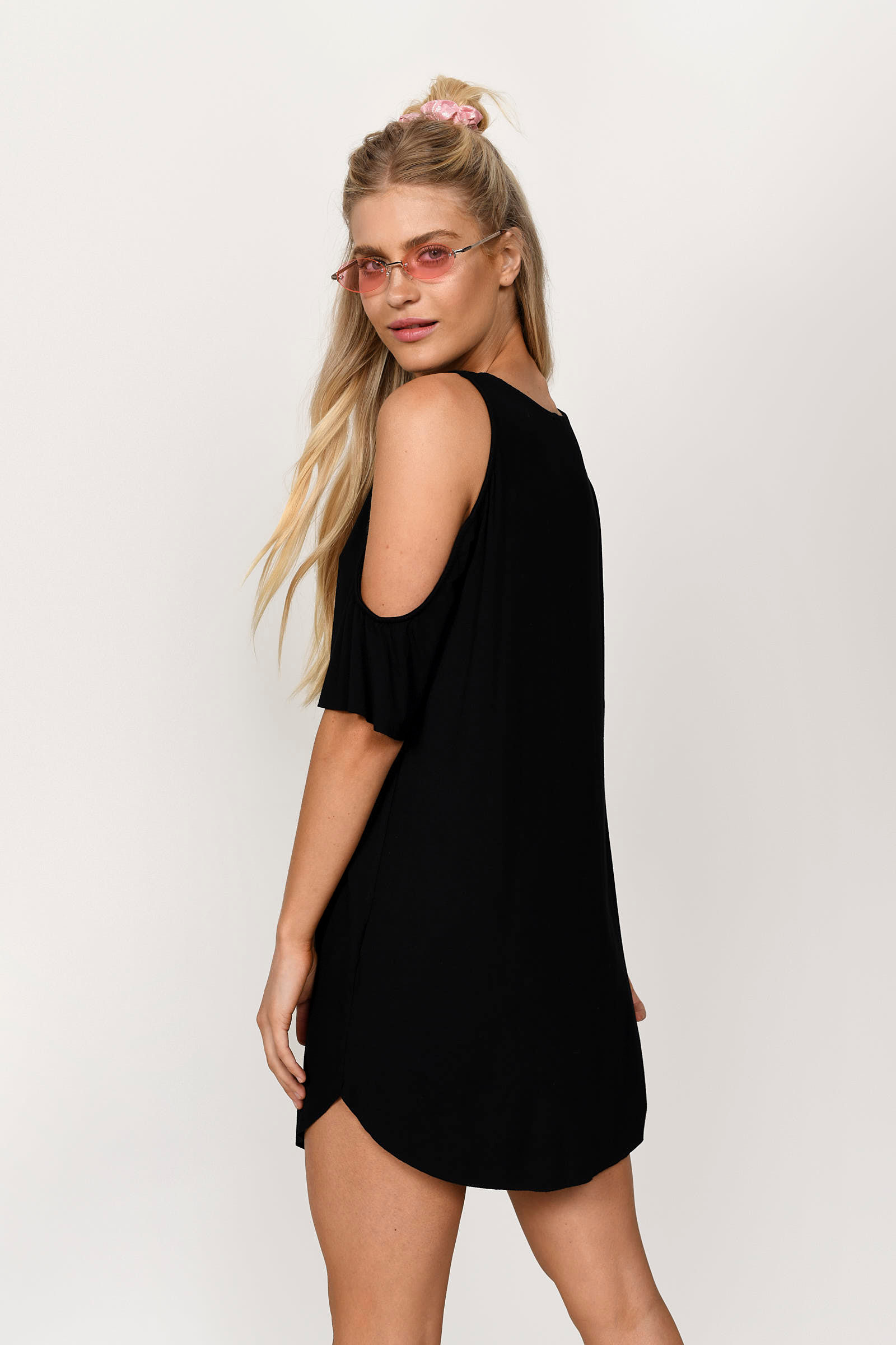Black Mini Dress - Shift Dress With Halter Neck - Cold Shoulde Eyelet Dress