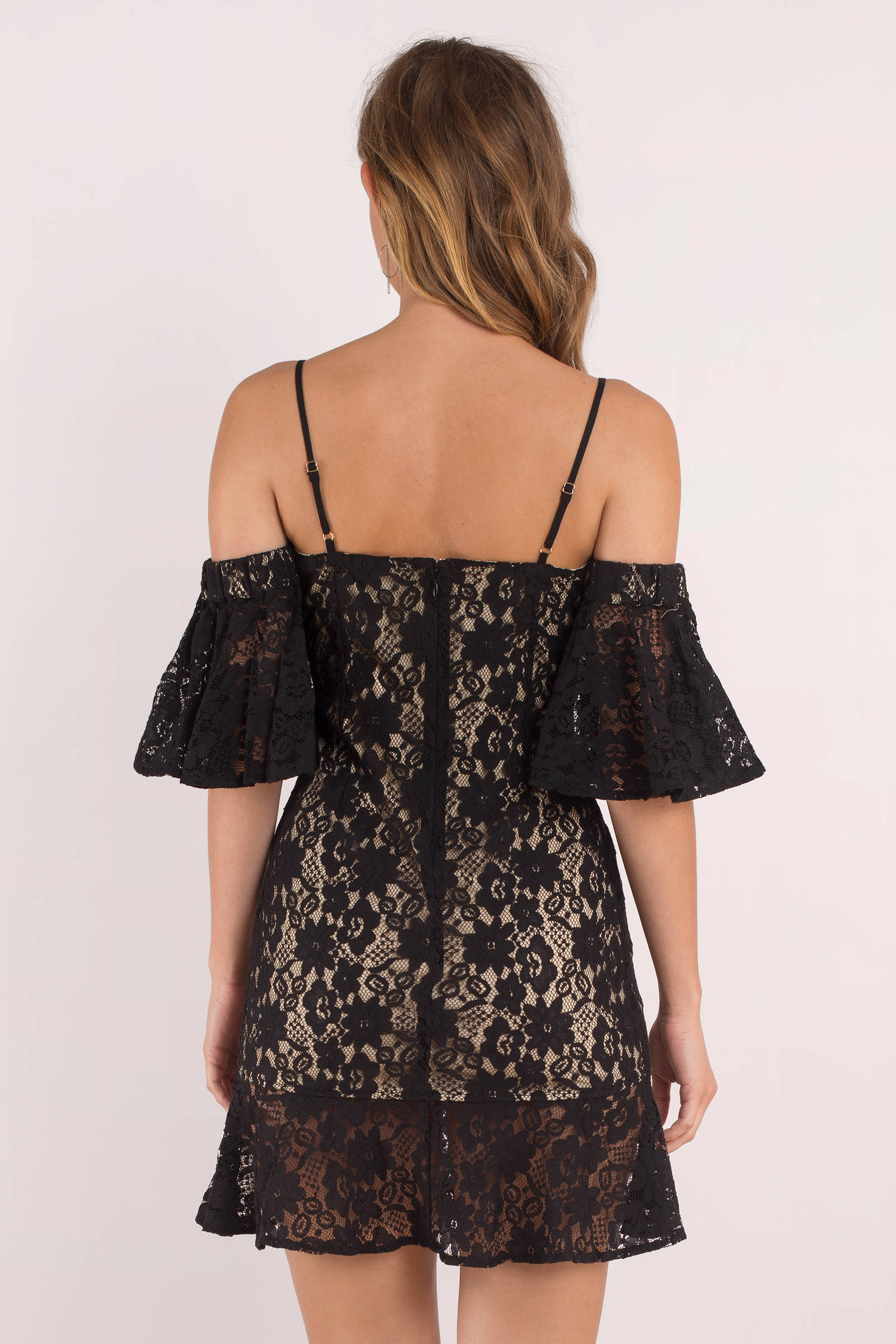 Black Mini Dress - Cold Shoulder Shift Dress - Sweetheart Neckline Lace ...