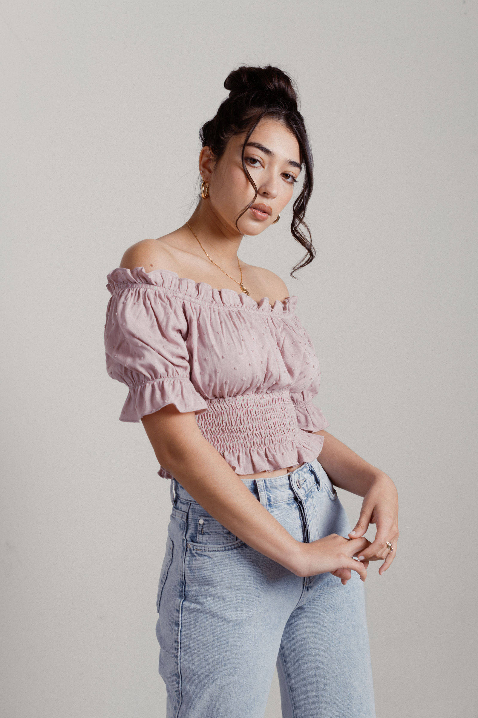 Beck Cotton Smocked Swiss Dot Crop Top