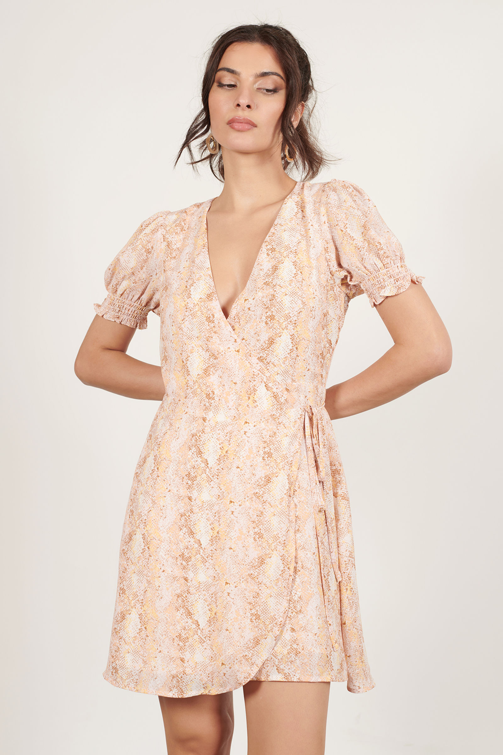 Blush Snake Print Dress - Pink V-Neck Wrap Dress - Short Sleeve Dress