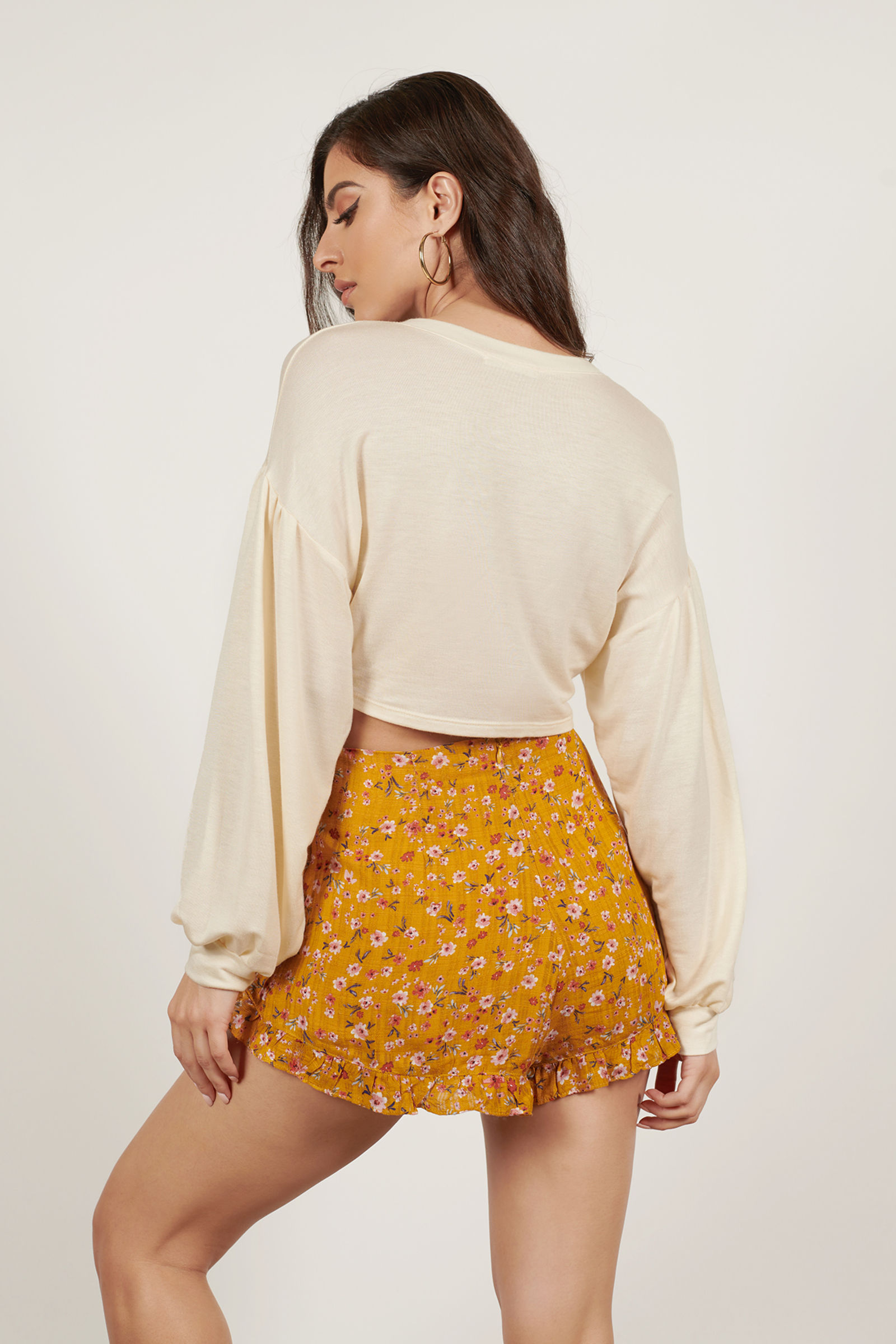 Yellow Shorts - Front Tie Shorts - Yellow Floral Ruffled Shorts