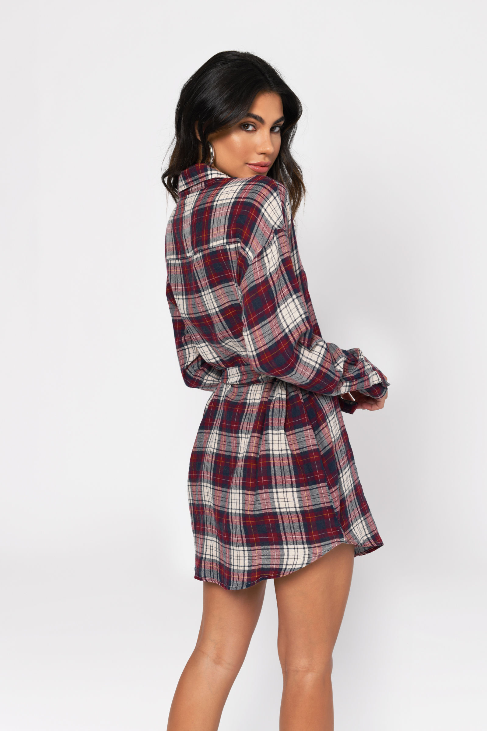 Red Christmas plaid shirt dress with button and belt included main image 1