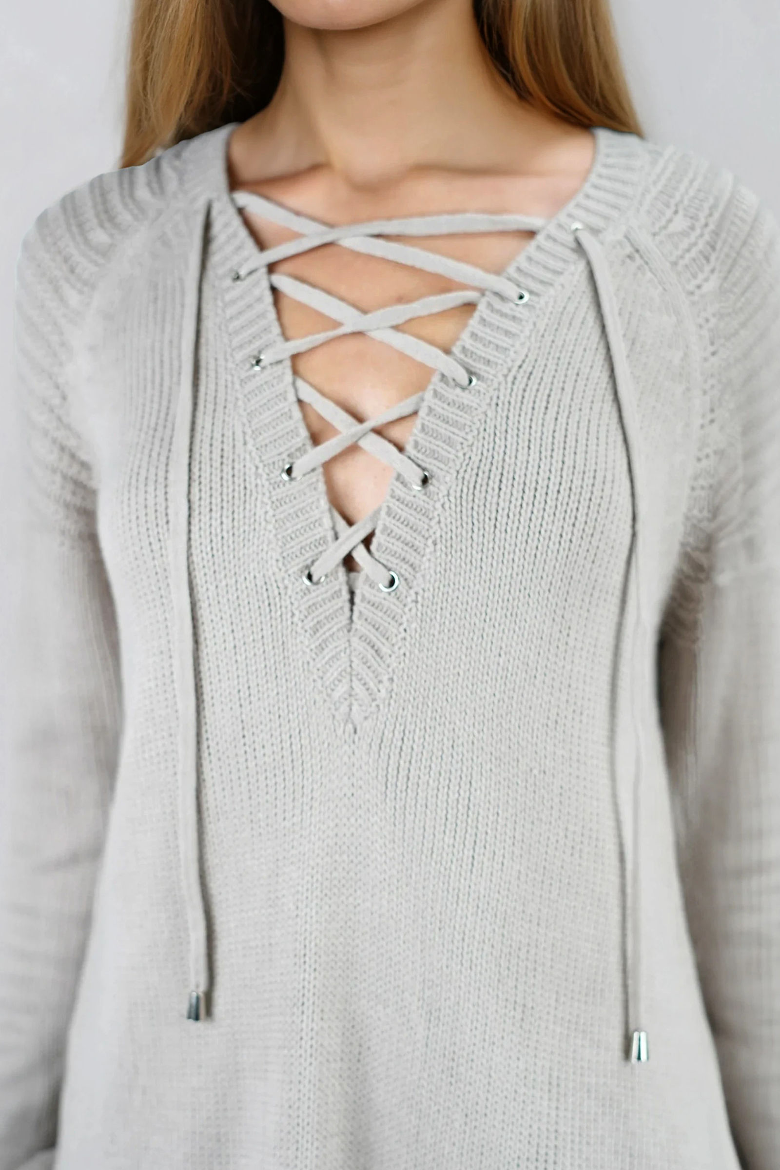 Sexy Lace Up Neck Tie Front Cutout Rib Knit Long Sleeve Sweater Mini Dress