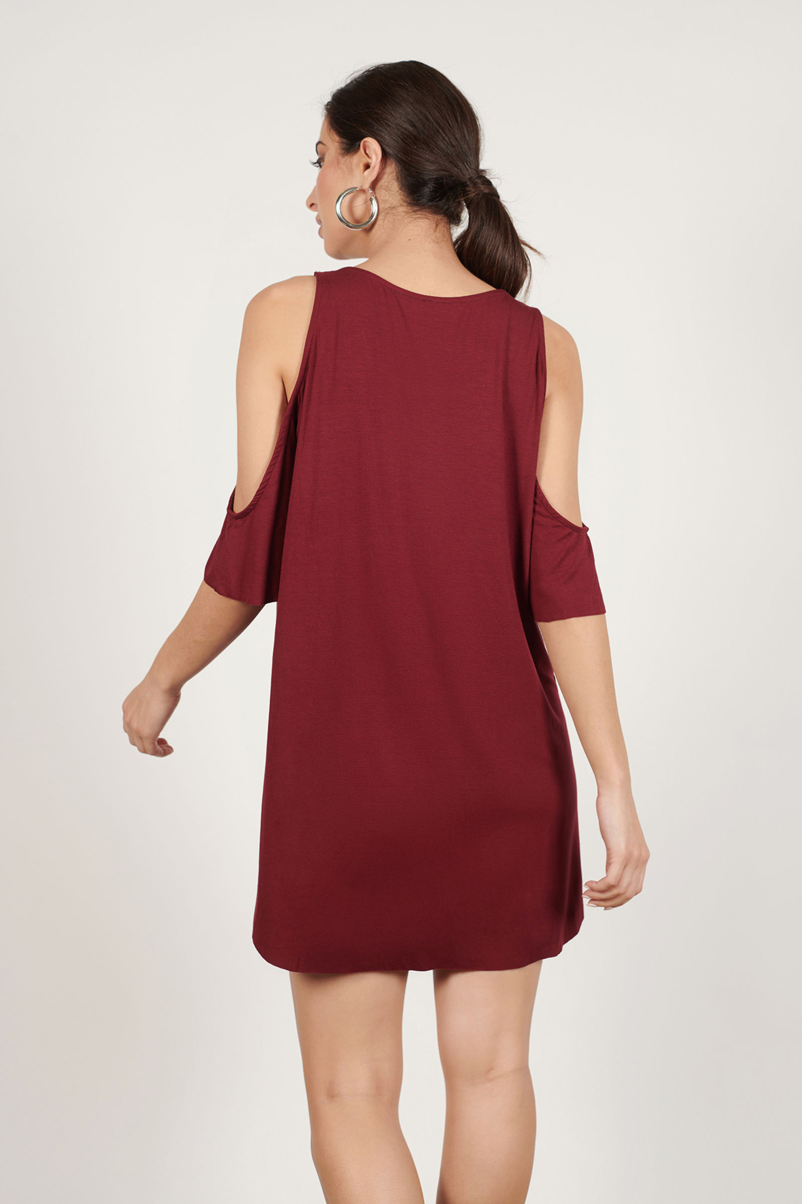 Black Mini Dress - Shift Dress With Halter Neck - Cold Shoulde Eyelet Dress