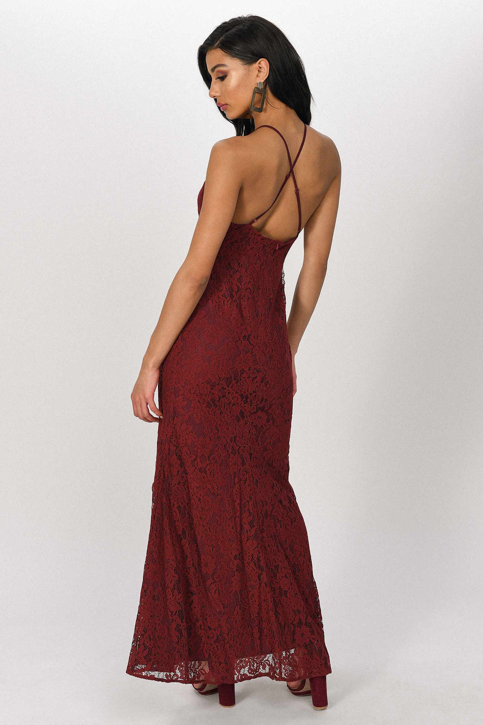 Burgundy Lace Halter Dress Red Maxi Dress High Neck Dress — free download