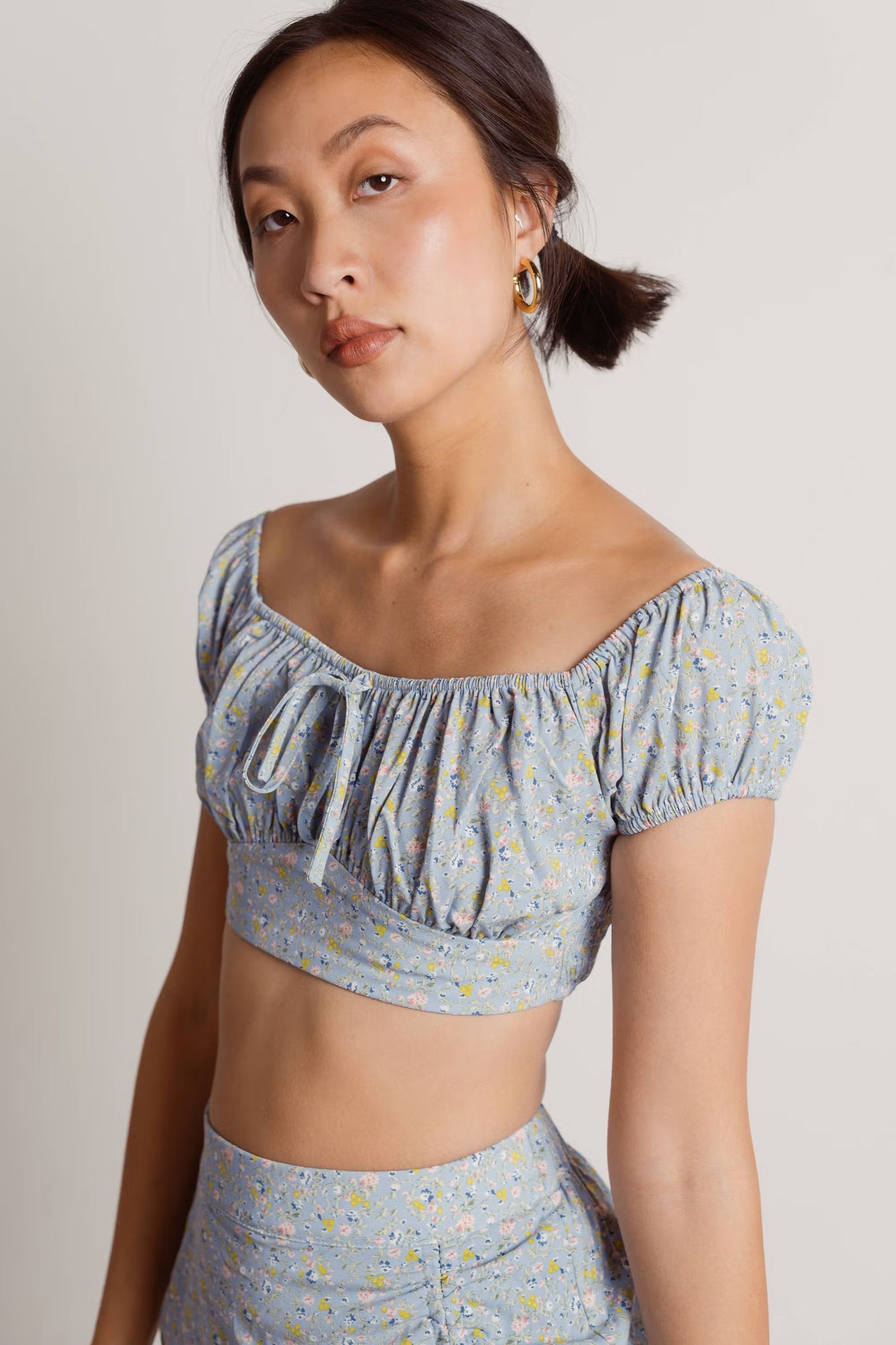 Blue Floral Print Scallop Crop Top And Skort Set