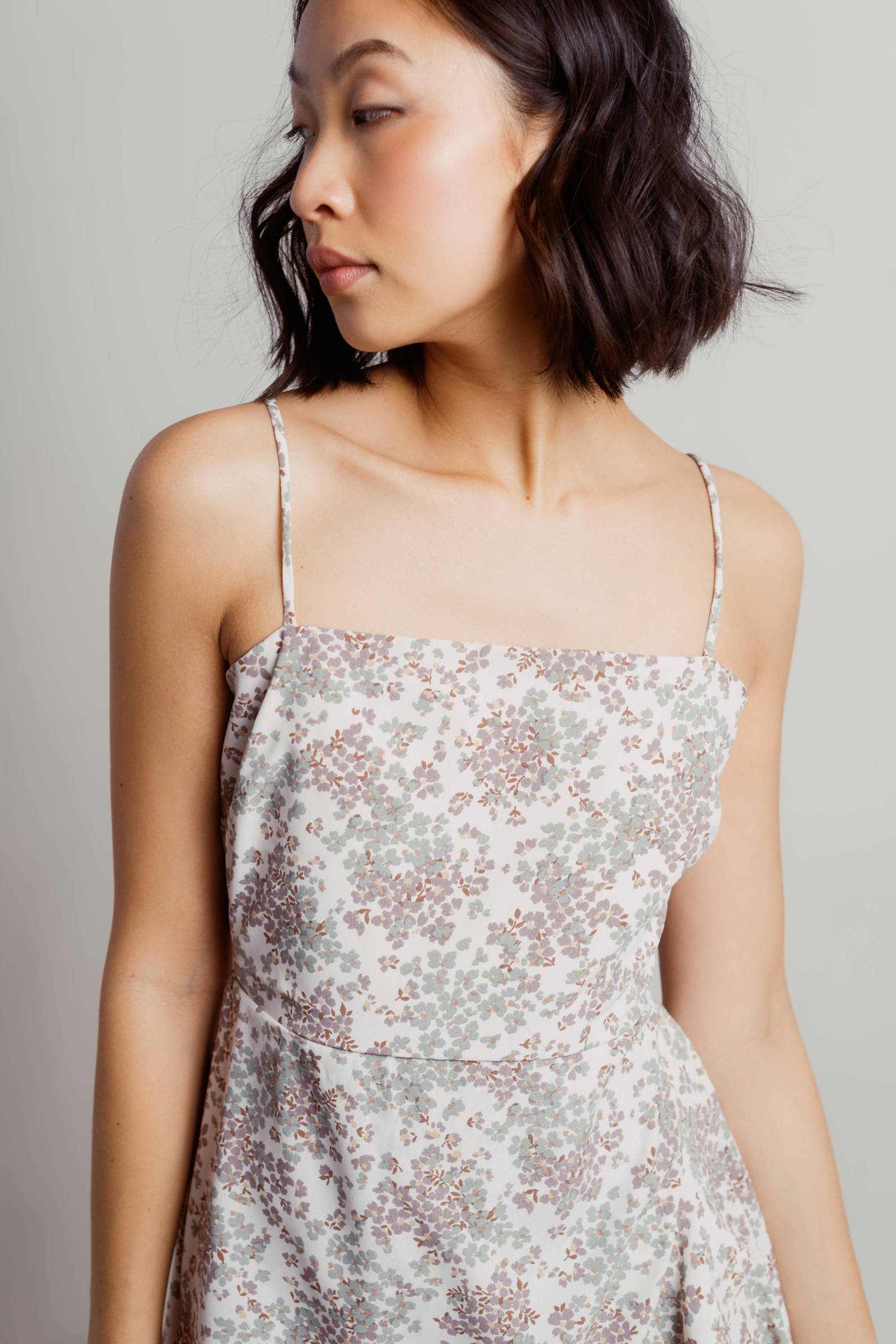 Green Mini Dress - Short Sleeve Skater Dress - Ruffles Sage Floral Dress