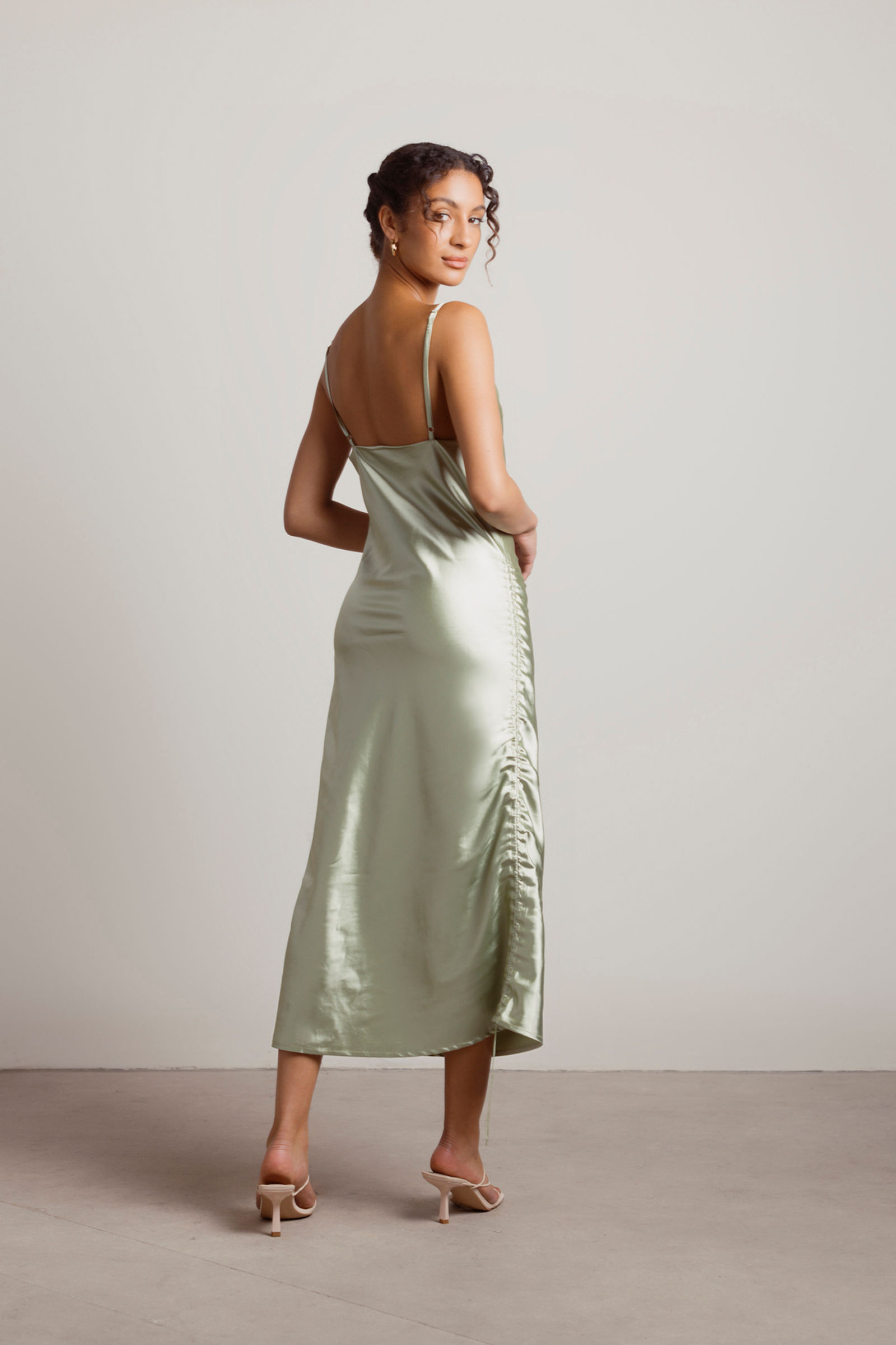 Women's Cowl Neck Ruched Satin Midi Dress