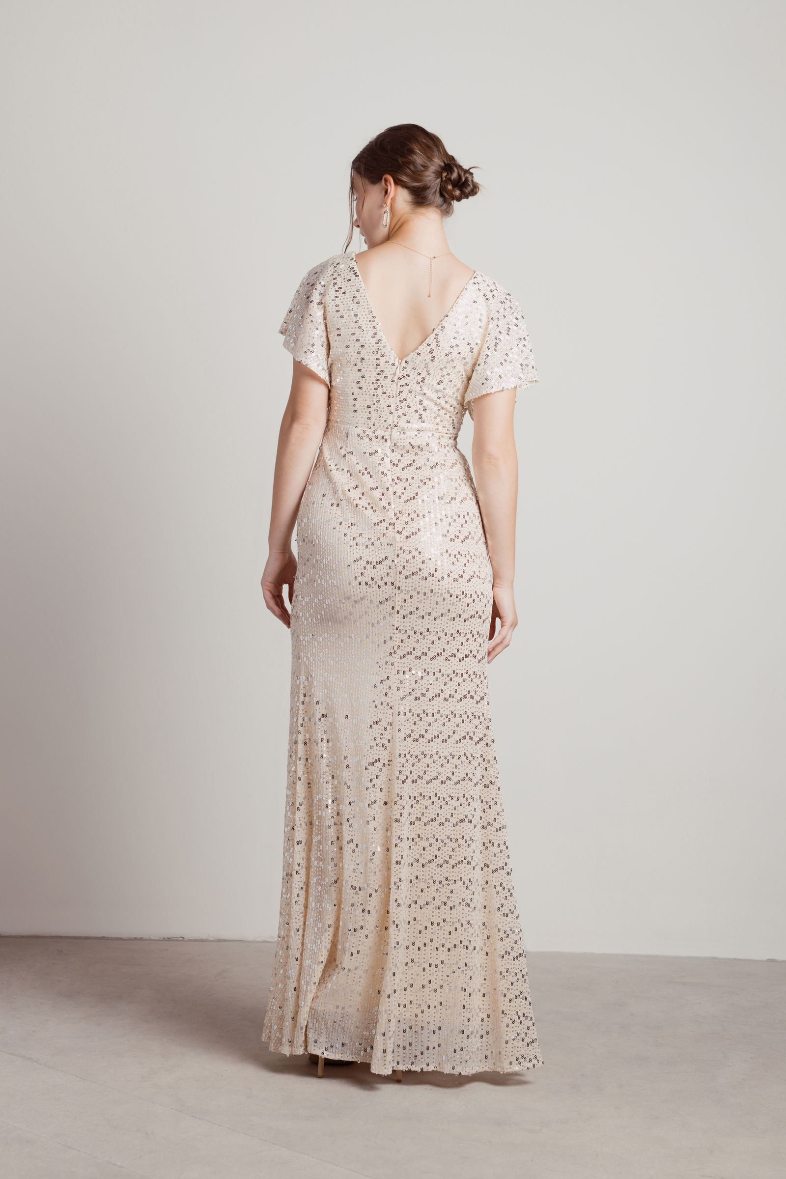 5007 Silver-Beige Sequined Slit Evening Dress