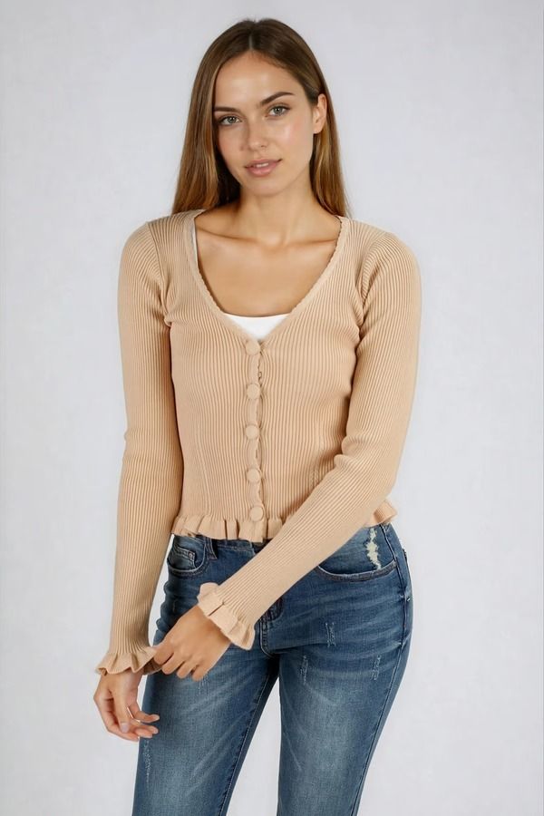 Sleek Comfort Ribbed Button Up Cardigan  - Almond