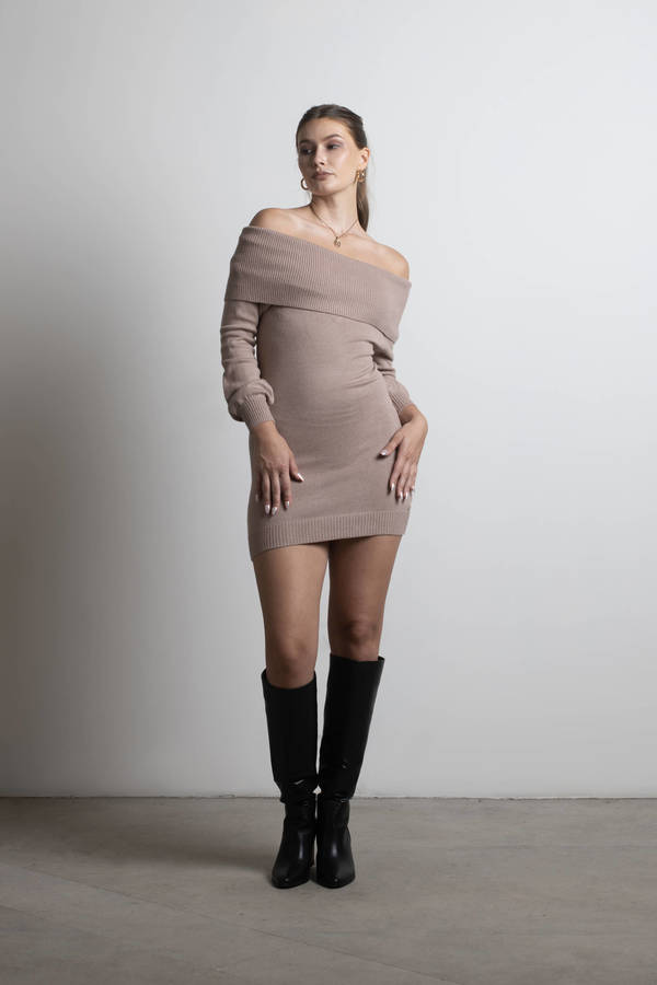 Allyson Beige Off The Shoulder Cocktail Sweater Bodycon Dress