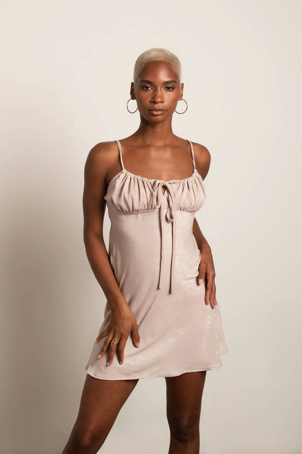 In My Element Beige Satin Ruched Skater Mini A Line Dress
