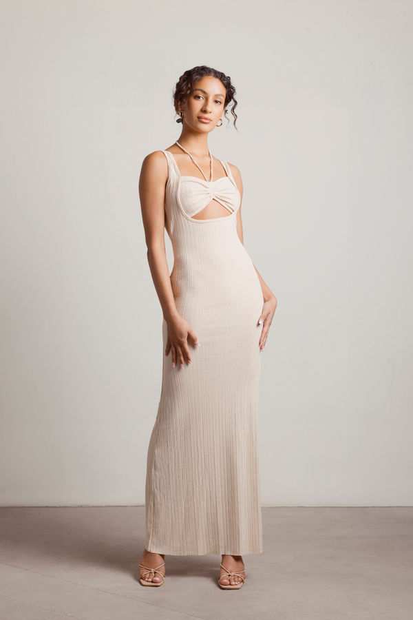 No Problem Beige Ribbed Cutout Slit Bodycon Maxi Simple Wedding Dress