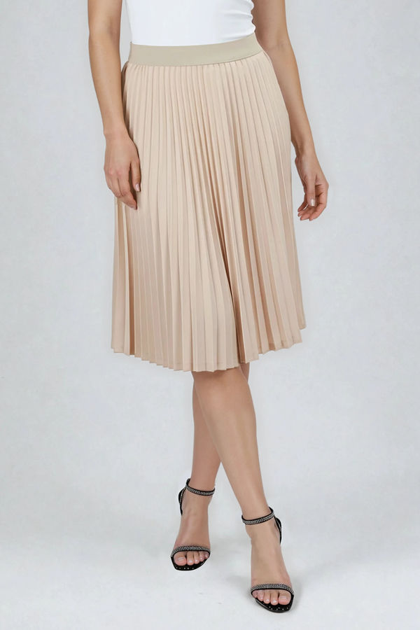 Subtle Poise Pleated Satin Midi Skirt - Beige