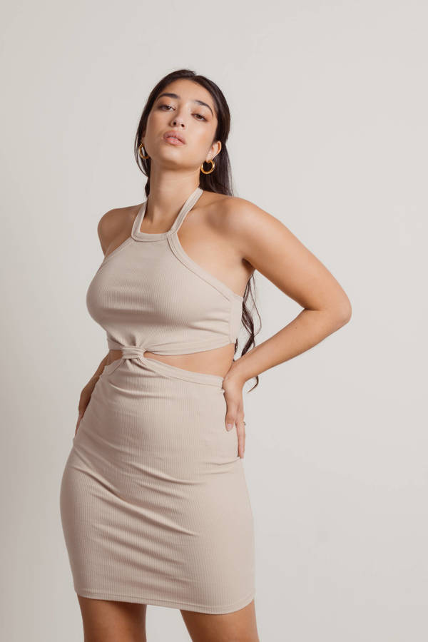 Wasted Time Beige Ribbed Cutout Bodycon Mini Brunch Dress