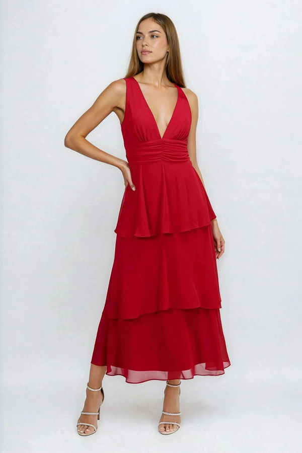 Blooming Romance Deep V Tiered Midi Dress - Berry