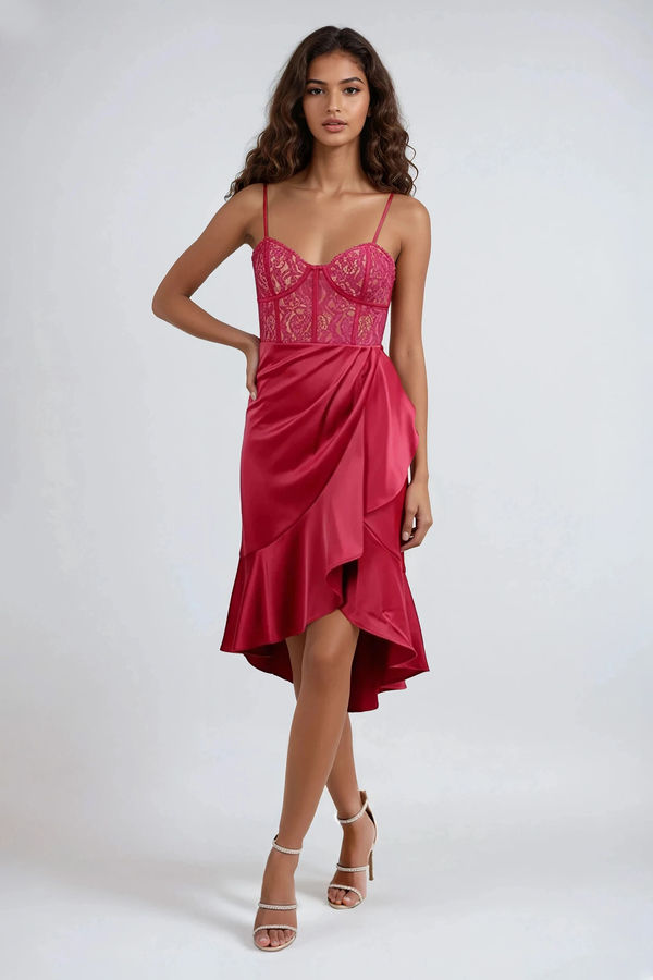 Eyes On You Lace Ruffle Midi Dress - Berry