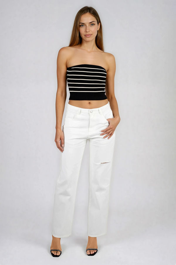 Act Cute Strapless Stripe Crop Top - Black