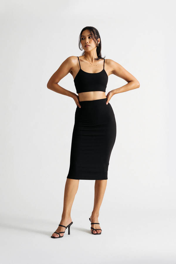 Almost There Black Ribbed Cami Midi Two Piece Prom Dress
