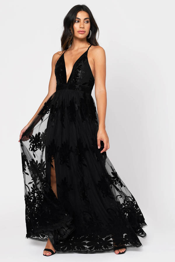 Analise Black Plunging Floral Long Formal Dress