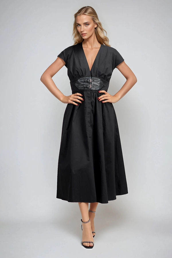 Be That Girl Belted Deep V Midi Dress - Black