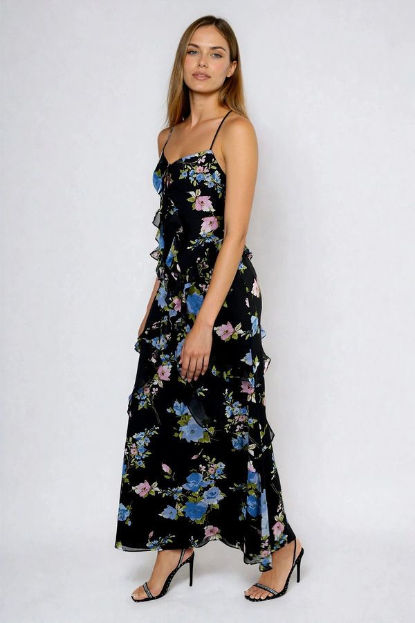 Floral Grace Ruffled Lace Up Maxi Dress - Black Blue