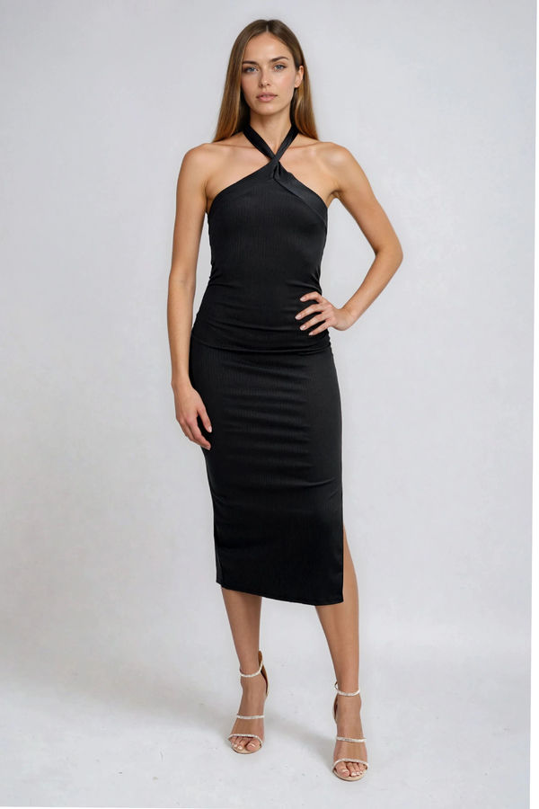 Bold Impact Halter Slit Midi Dress - Black