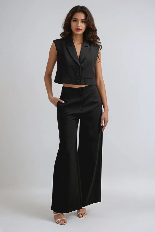 Casual Luxe Collared Top and Wide Leg Pants Set - Black