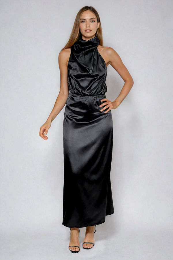 Charm On Draped Satin Midi Dress - Black