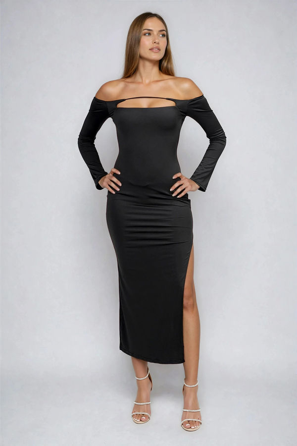 Chic & Sultry Cutout Slit Maxi Dress - Black