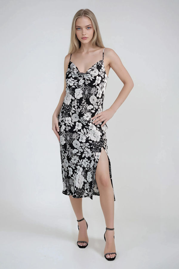 Hilda Satin High Slit Midi Dress - Black Cream